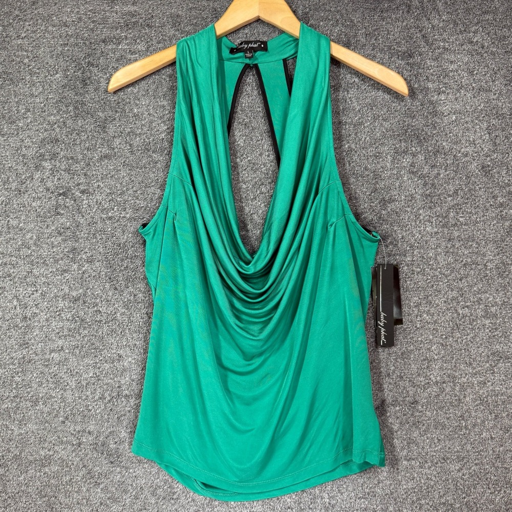 Baby Phat Halter Top L Green Cowl Neck Sequin Zebra Back NWT